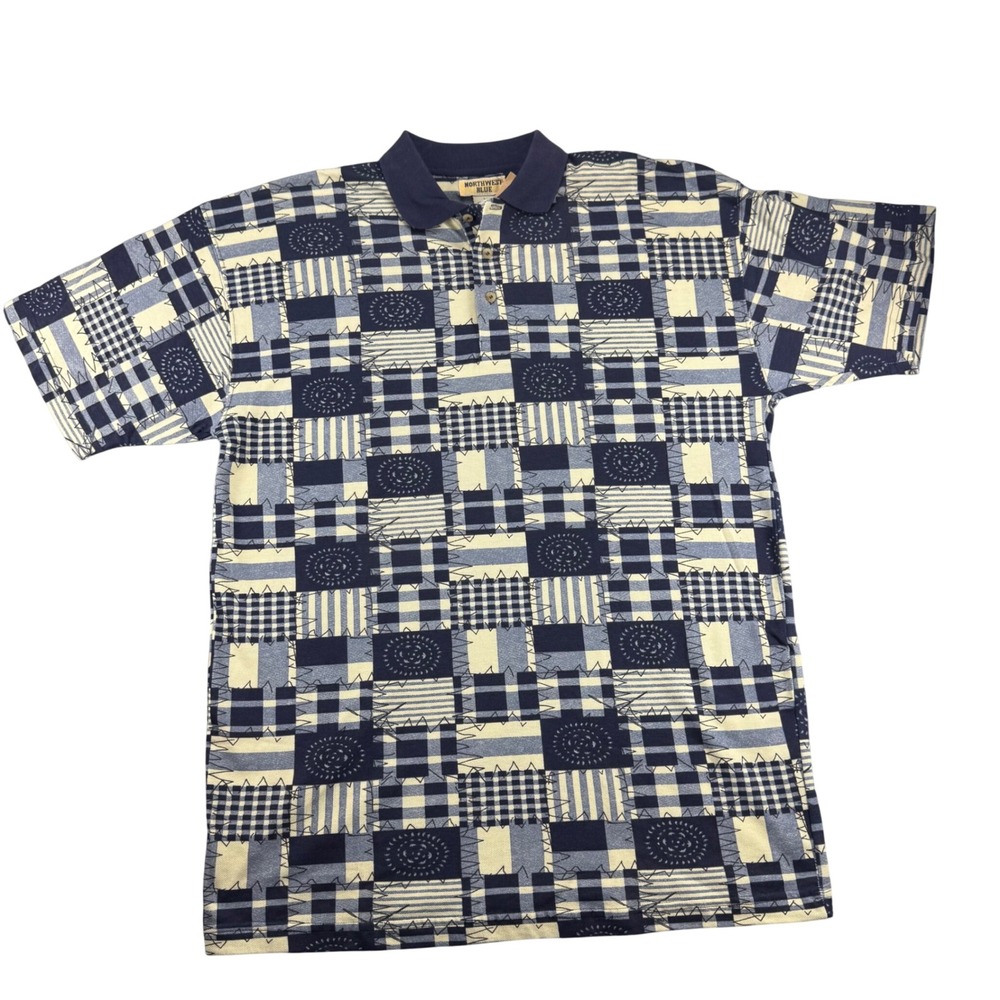 Northwest Blue Mens Large Polo Shirt Patchwork Print Blue Cotton NWT Vintage Y2K